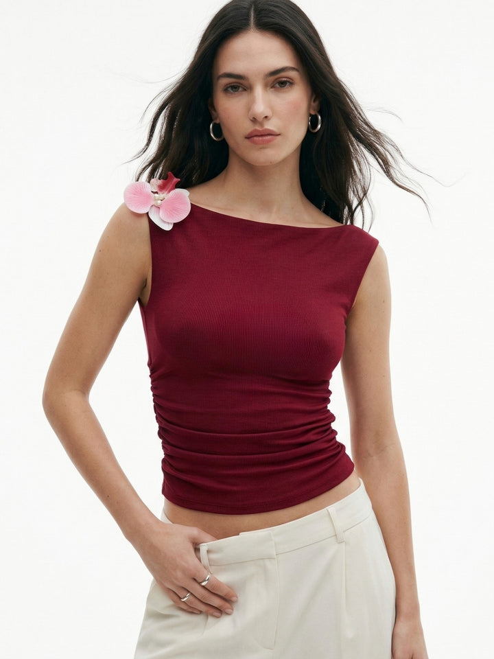 Maroon Fitted Top With Floral Trim On The Sleeve