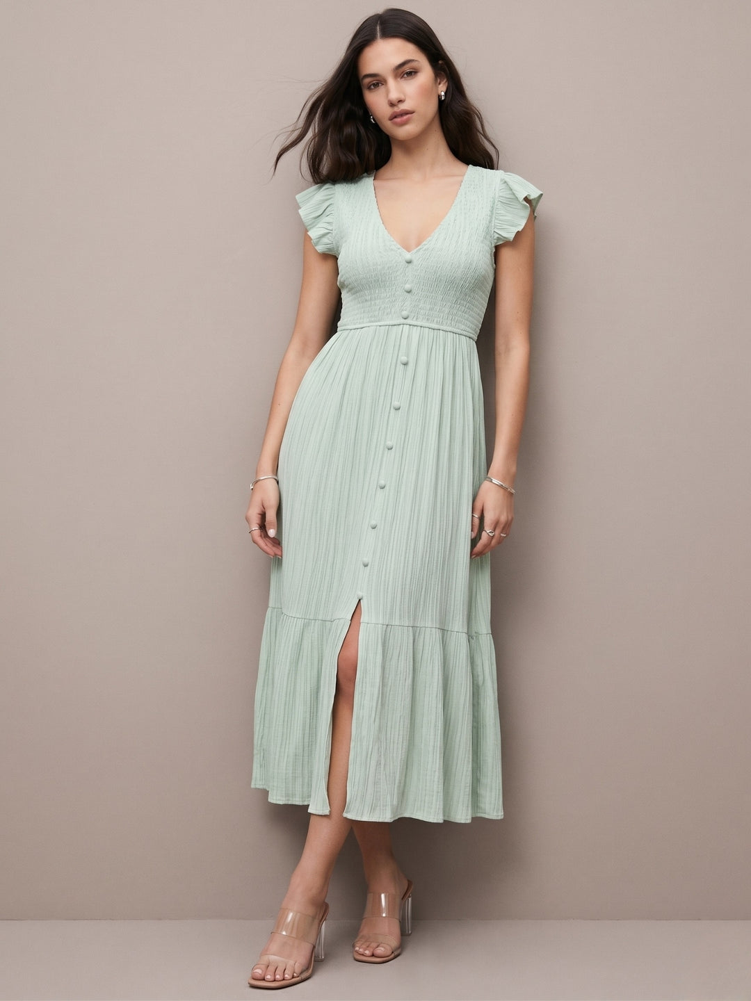 Green Flare Sleeve Slit Dress