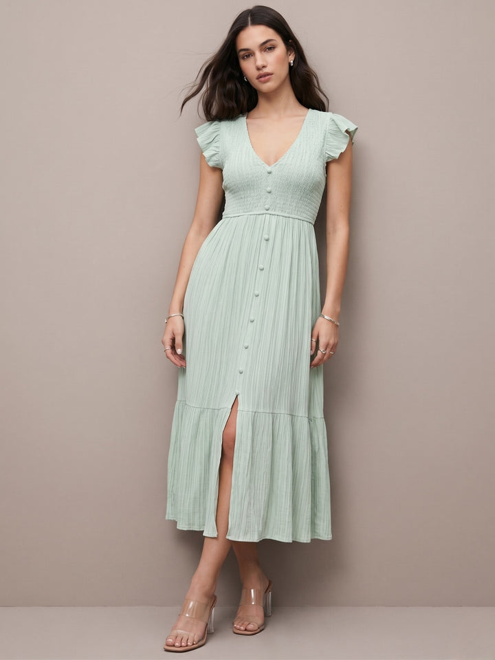 Green Flare Sleeve Slit Dress
