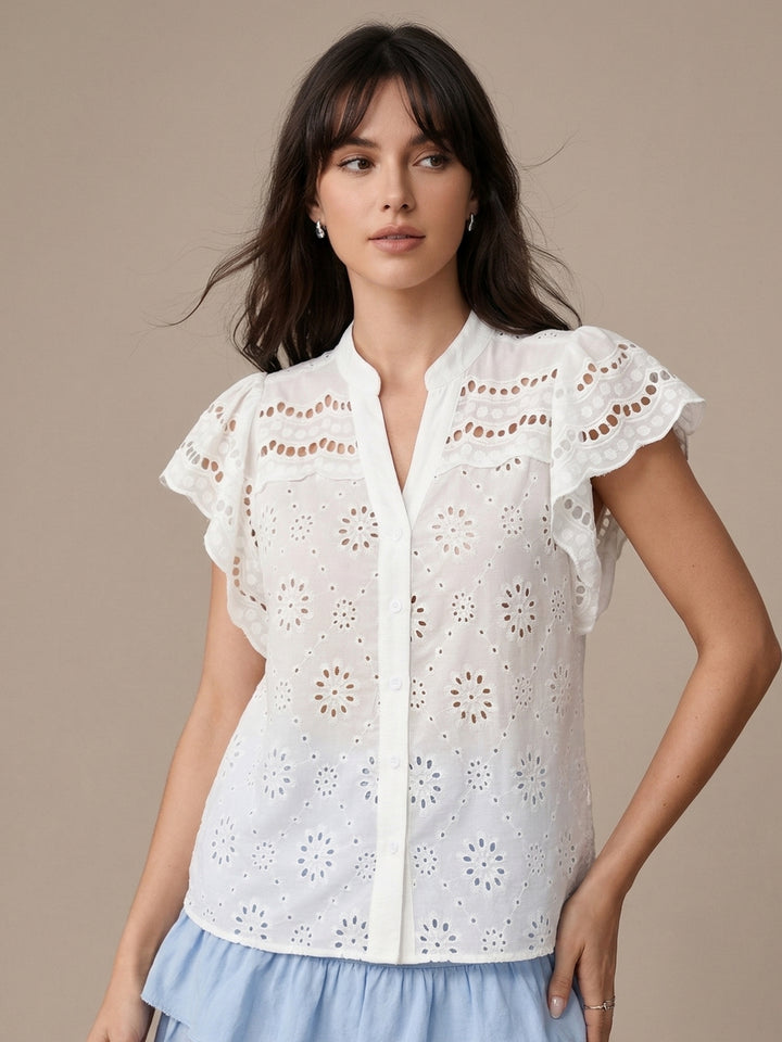 White Schiffli Front Buttoned Top
