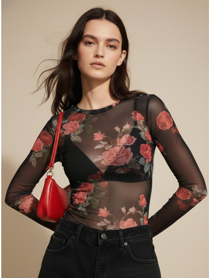 Black Sheer Mesh Printed Top
