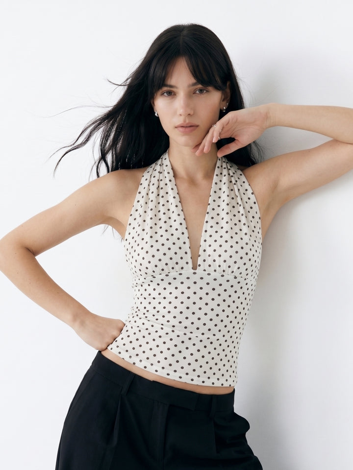 Off White Cross Halter Neck Polka Top