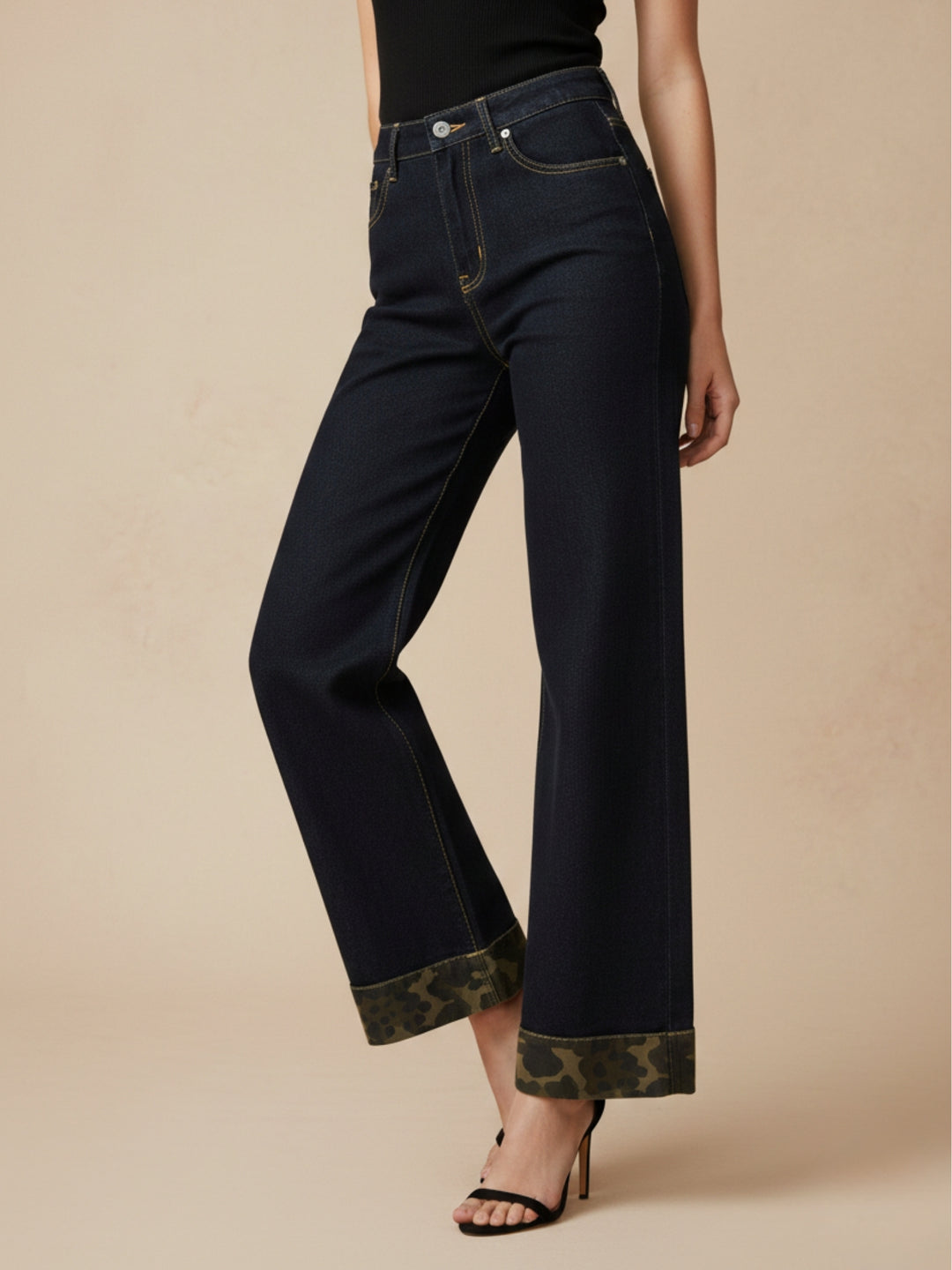 Black Folded Animal Printed Hem Jeans