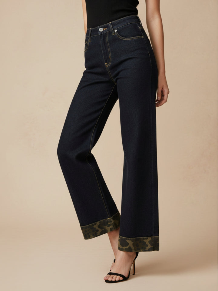Black Folded Animal Printed Hem Jeans