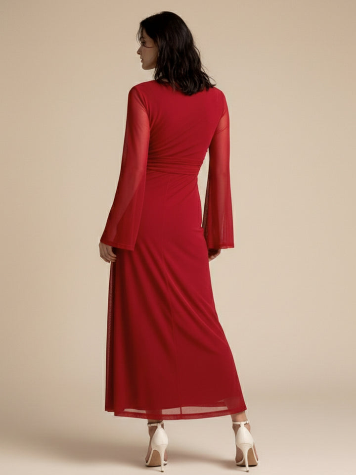 Red Boat Neck Dress With Mini Floral Corsages