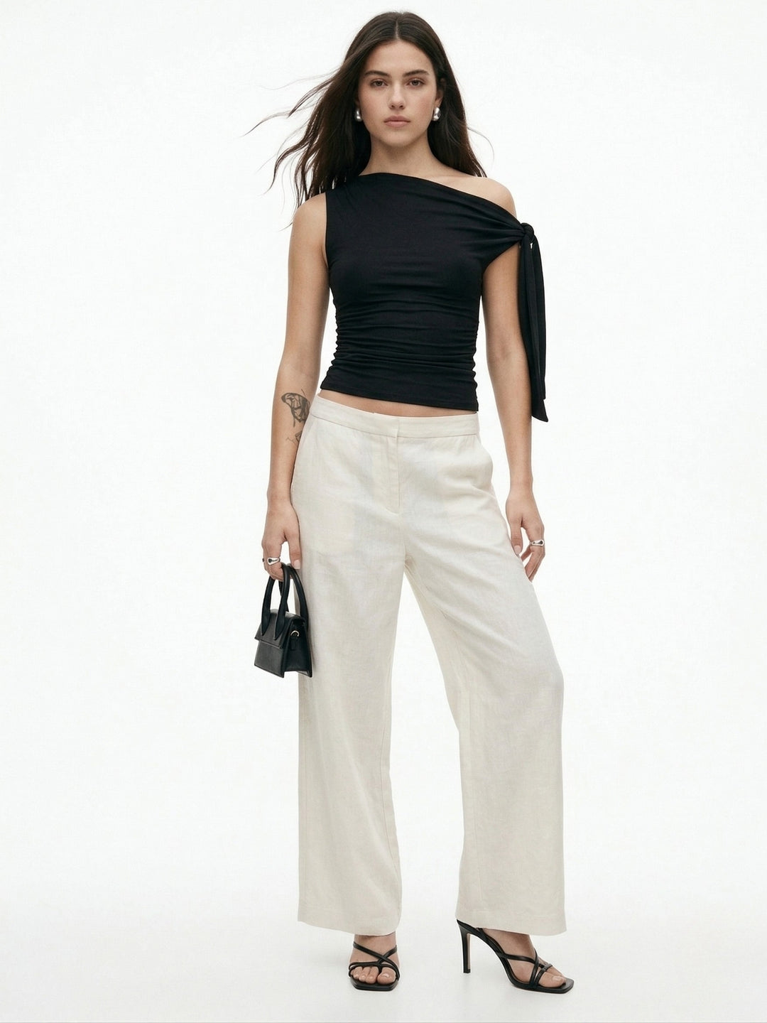 Black One Shoulder Tie-Up Top