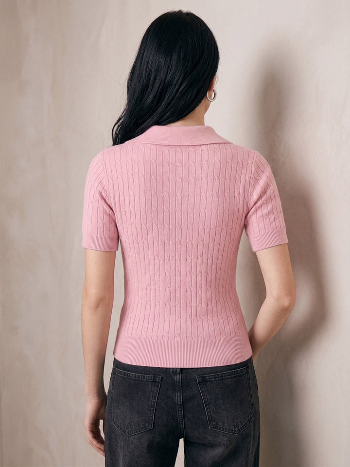Pink Cable Knit Half Button Down Polo Top