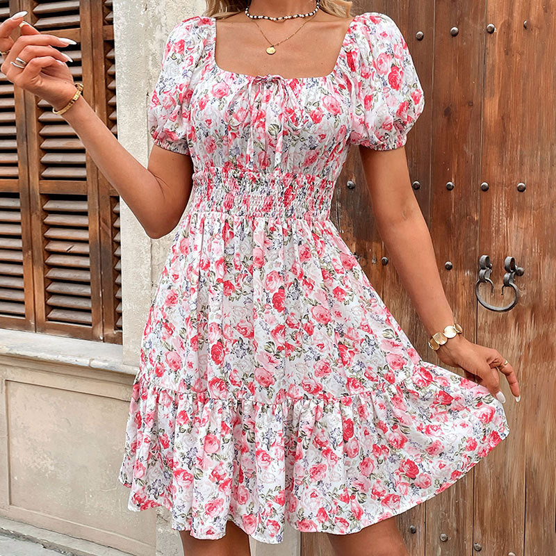 Pink Square Neck Tiered Printed Dress