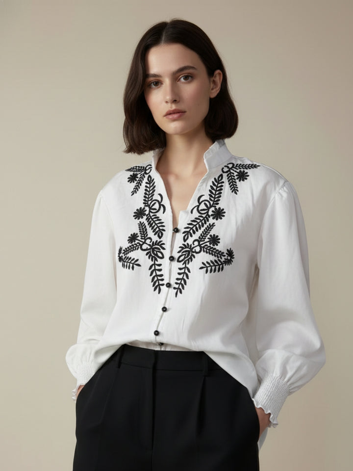 White Plunge Neck Floral Printed Blousson