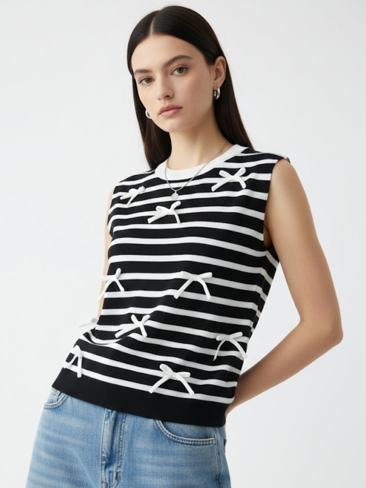 Black Sleeveless Striped Bow Detail Rop