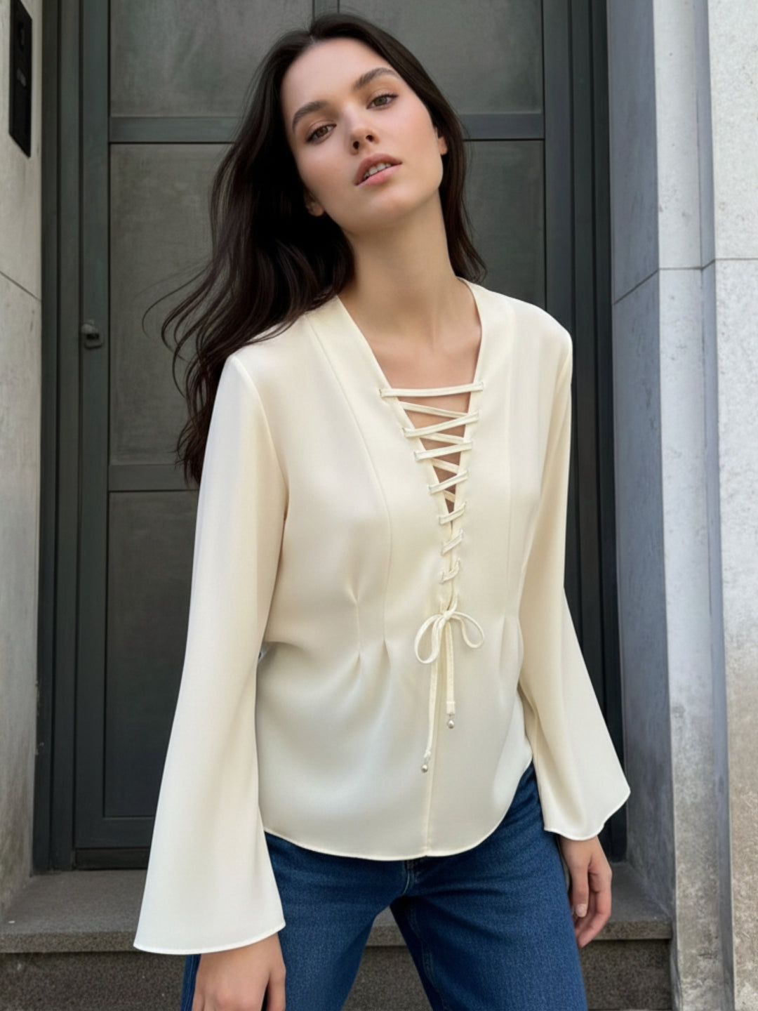 Yellow Front Gladiator Tie Up Flutter Sleeved Blouson