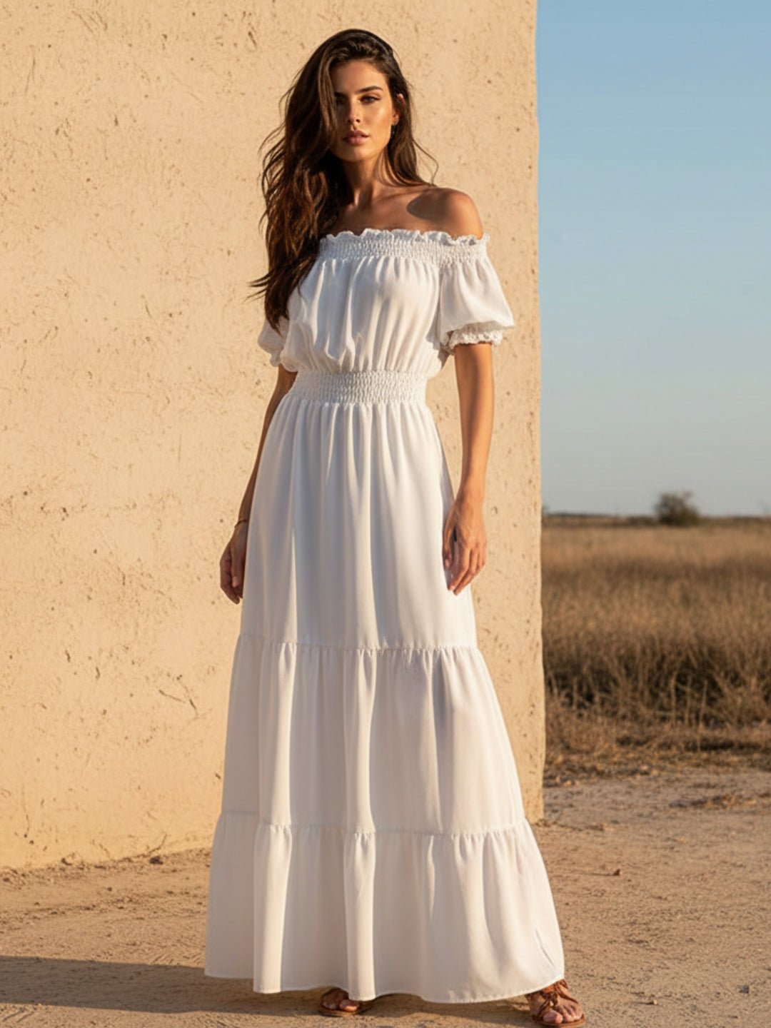 White Short Sleeve Off Shoulder Dress