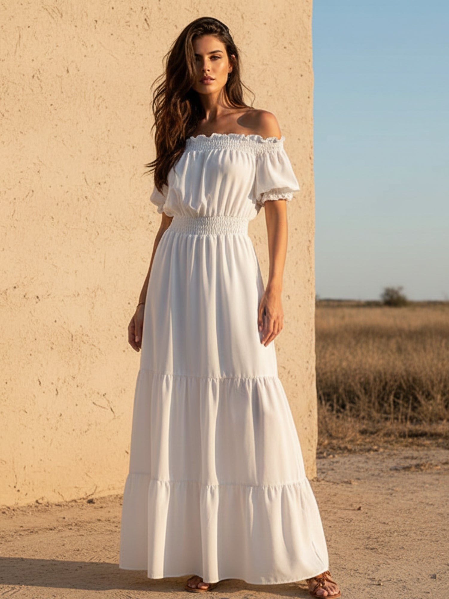 White Short Sleeve Off Shoulder Dress