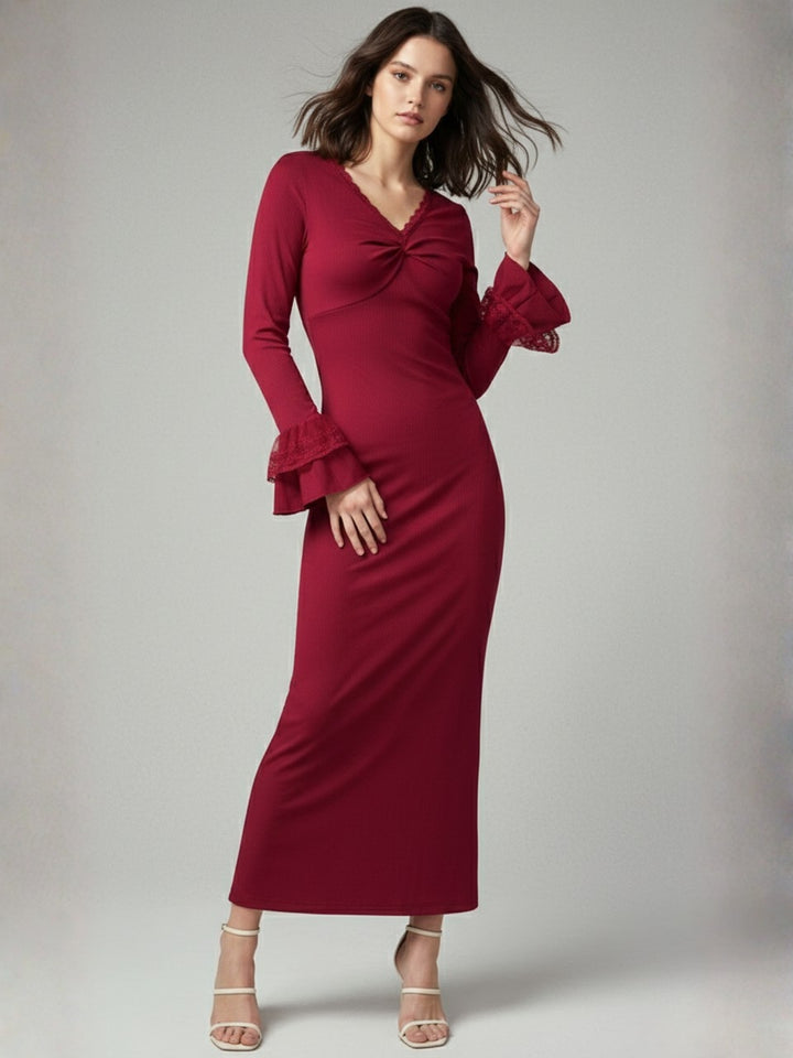 Red Mermaid Fitted Dress With Bell Sleeves
