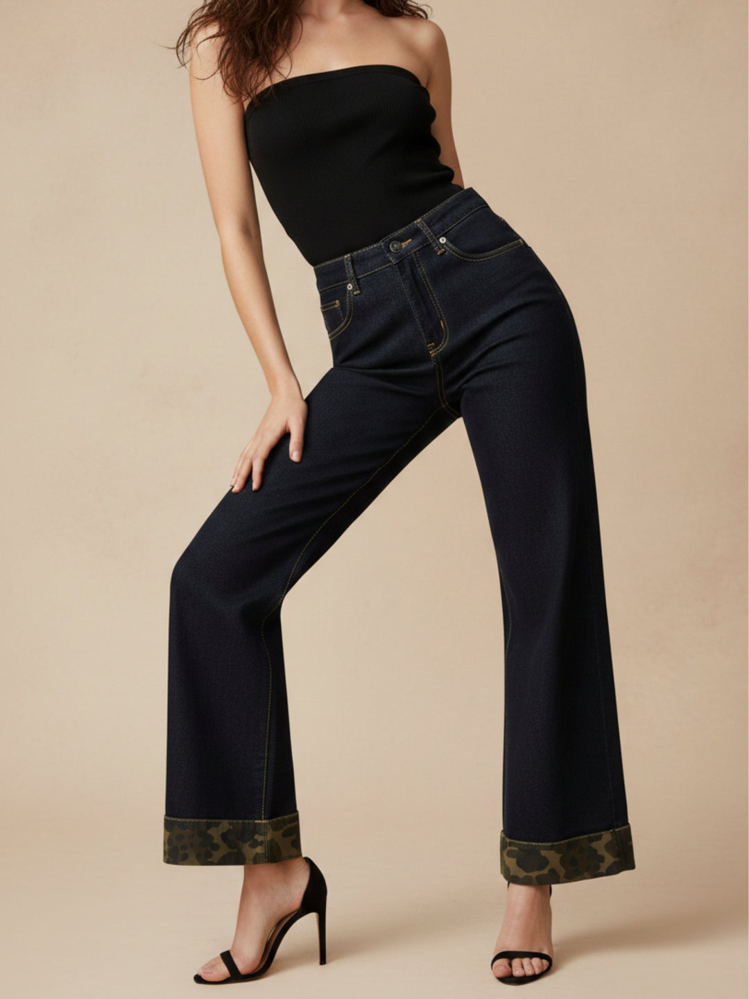 Black Folded Animal Printed Hem Jeans