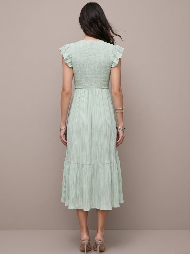 Green Flare Sleeve Slit Dress