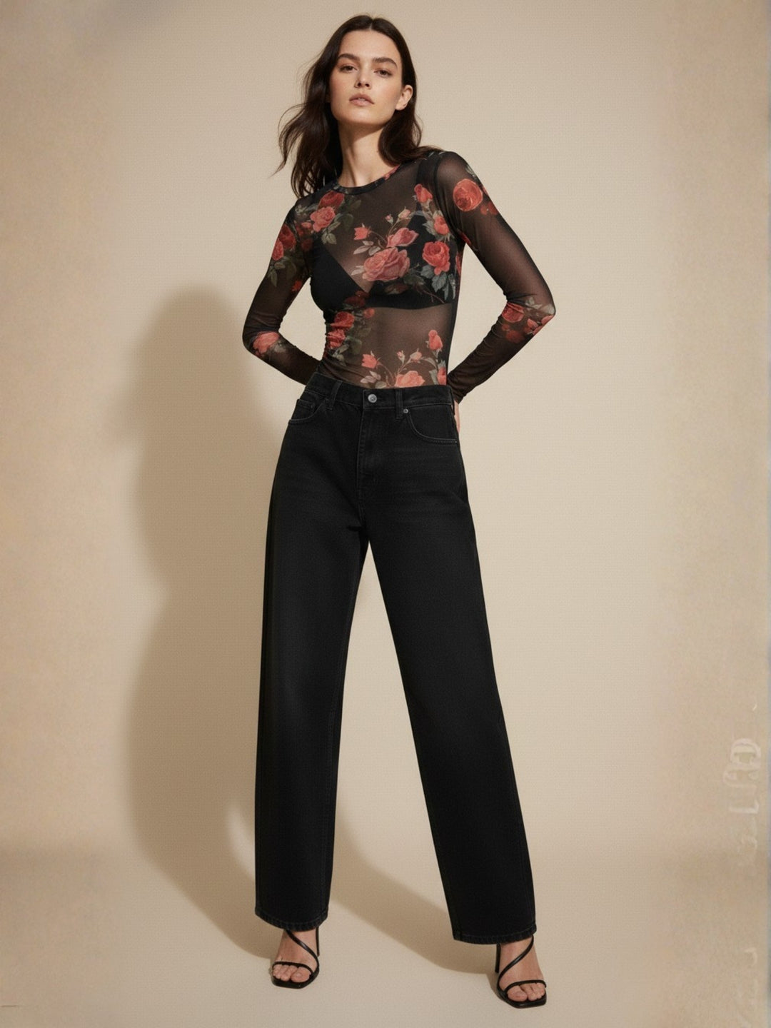 Black Sheer Mesh Printed Top