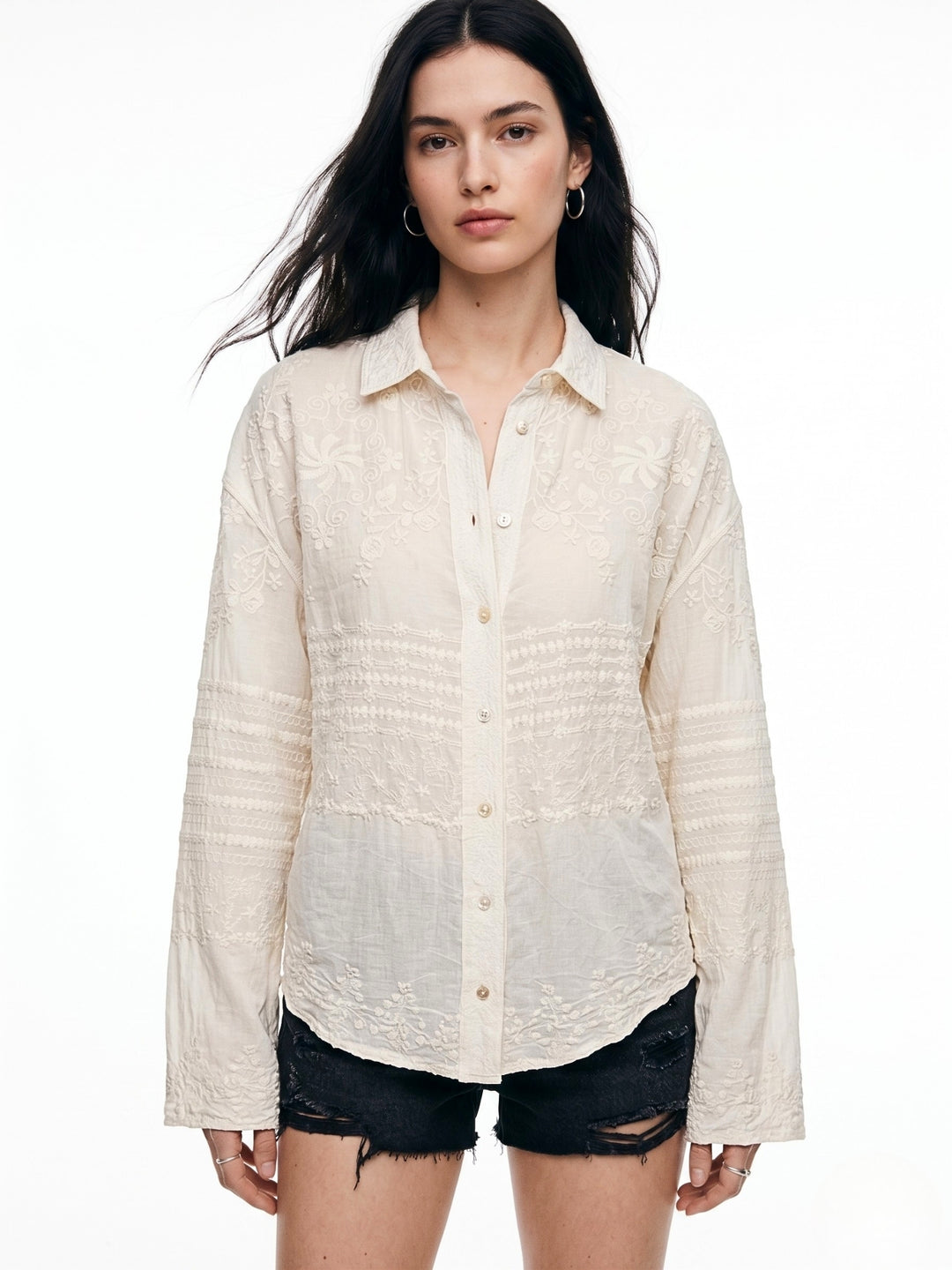 Off White Full Sleeve Scallop Hem Collared Semi Sheer Embroidered Shirts