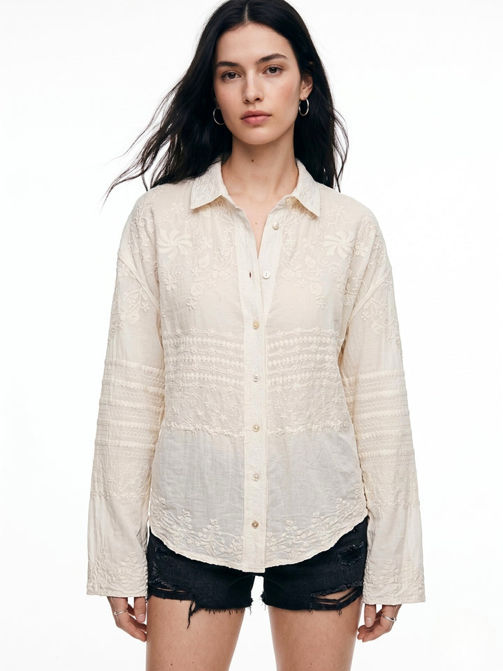 Off White Full Sleeve Scallop Hem Collared Semi Sheer Embroidered Shirts