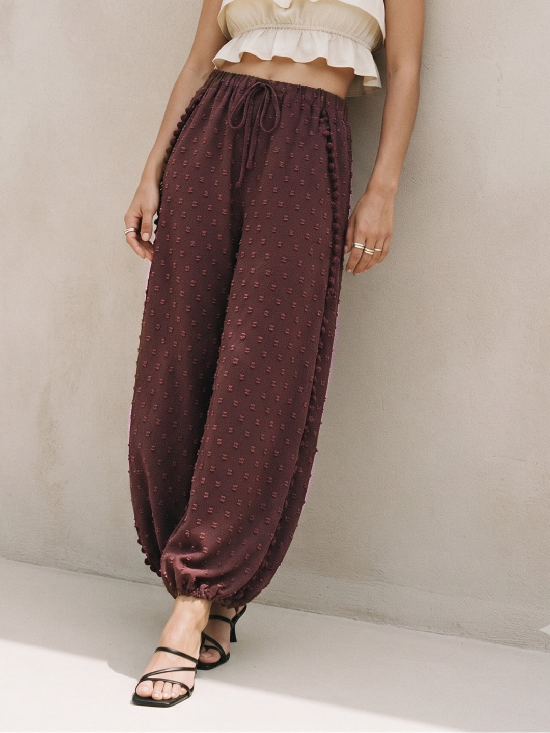 Brown Textured Side Slit Balloon Pant