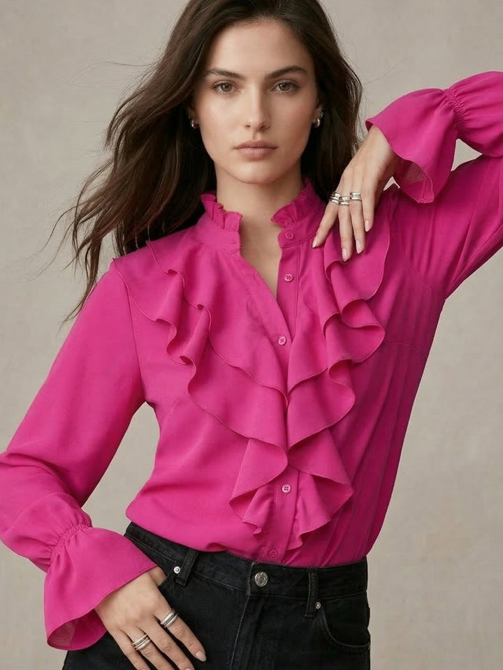 Pink Ruffle Detail Bishop Sleeve Top