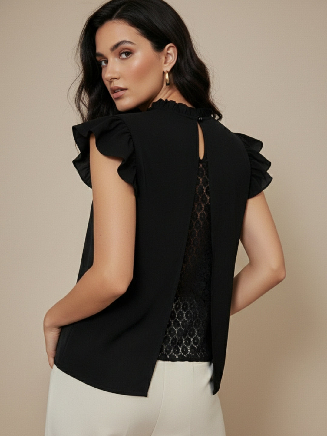 Black Ruffle Sleeve Back Lace Top