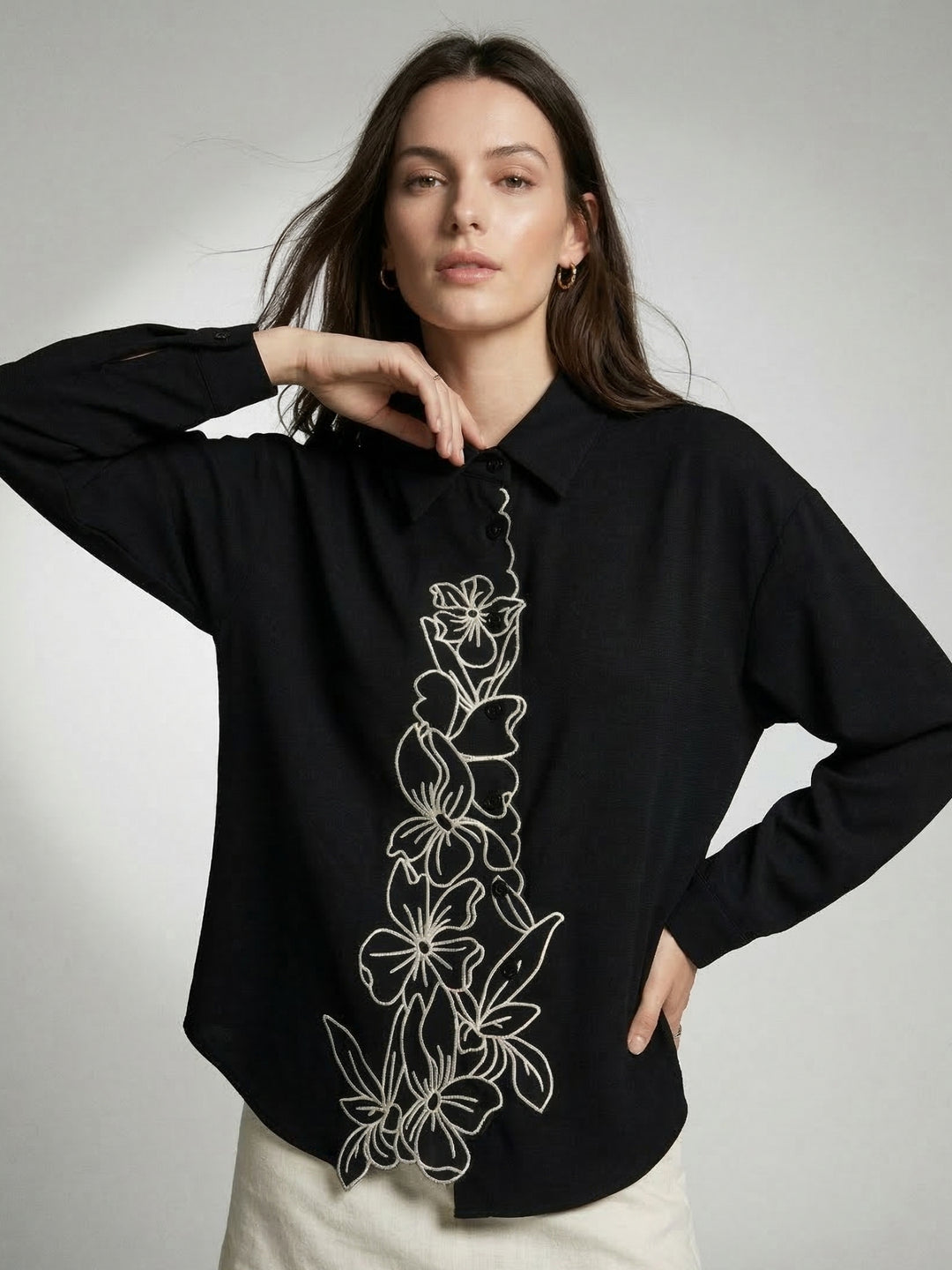 Black Flower Appliqued Front Buttoned Shirt