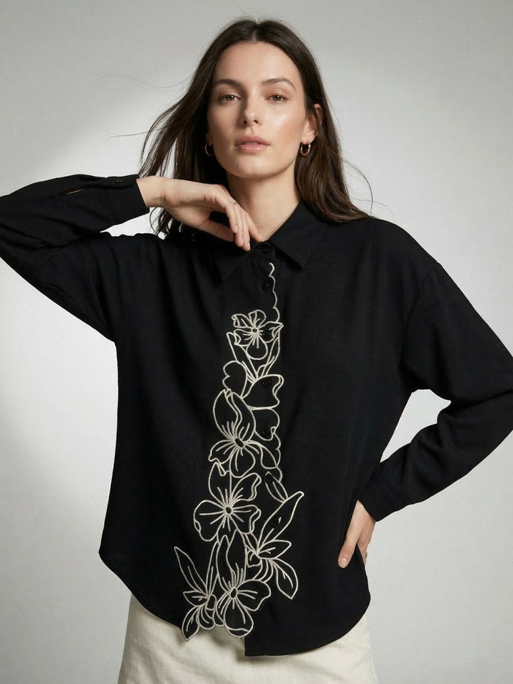 Black Flower Appliqued Front Buttoned Shirt