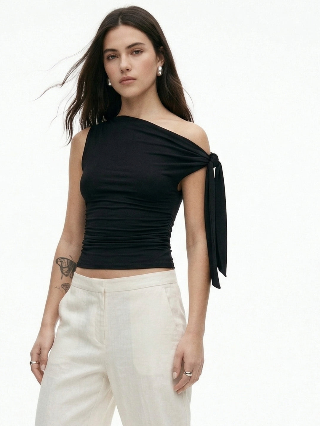 Black One Shoulder Tie-Up Top