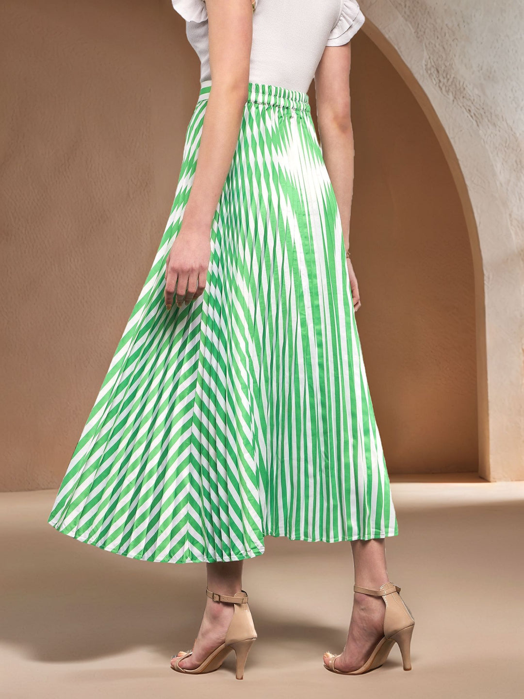 Green Stripes Printed Flared Skirt