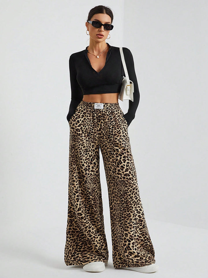 Brown Animal Print Wide Leg Joggers