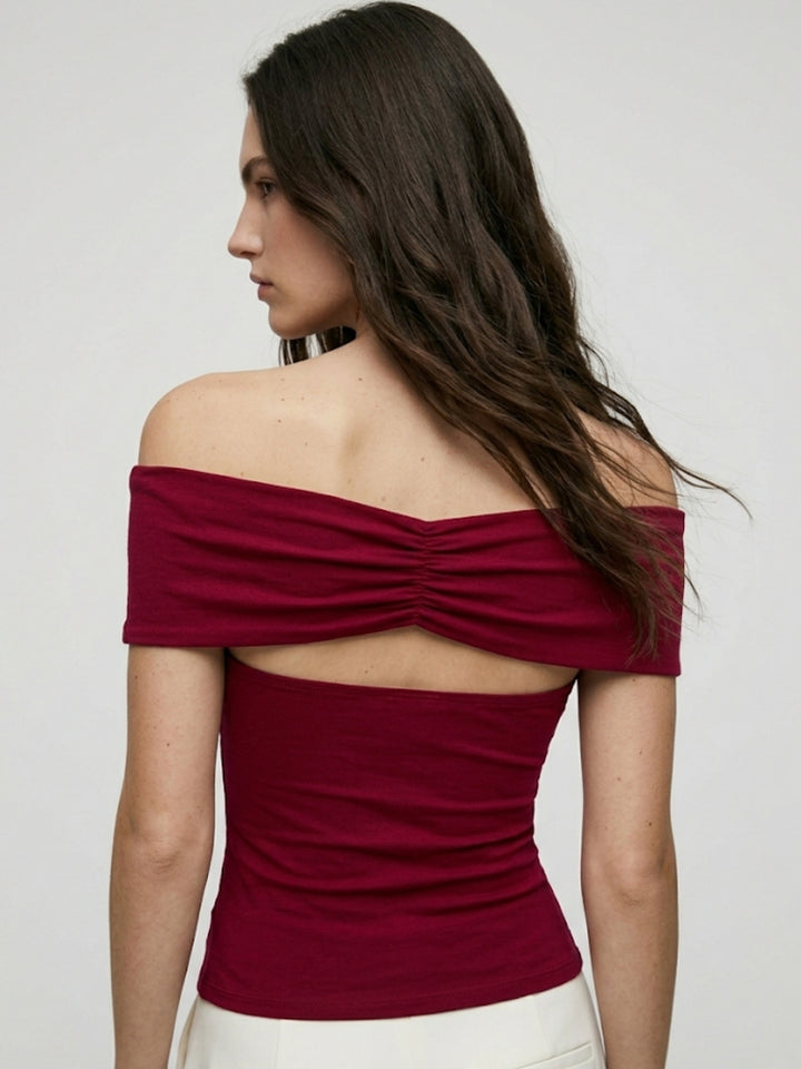 Burgundy Off-Shoulder Centre Ruched With Metal Trim Top