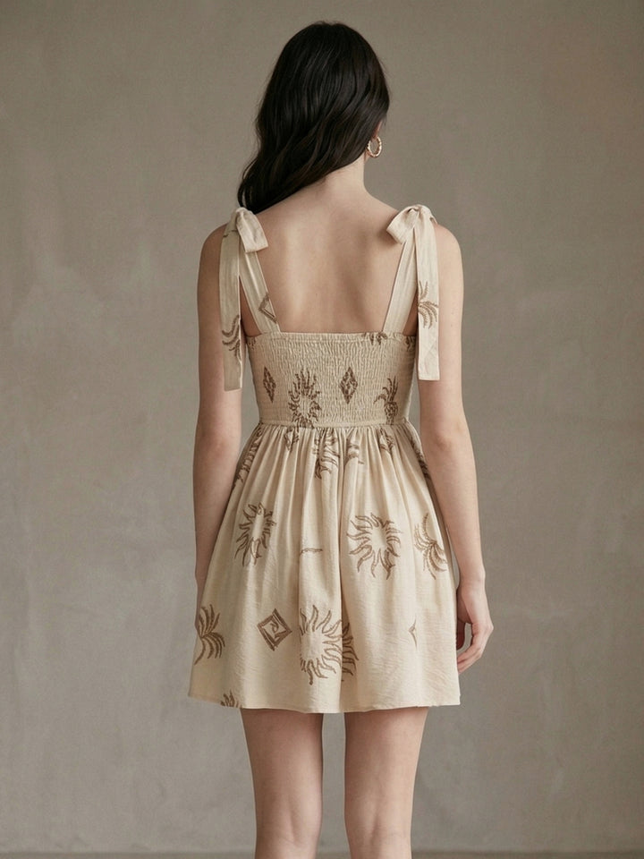 Beige Shoulder Tie-Up Printed Dress