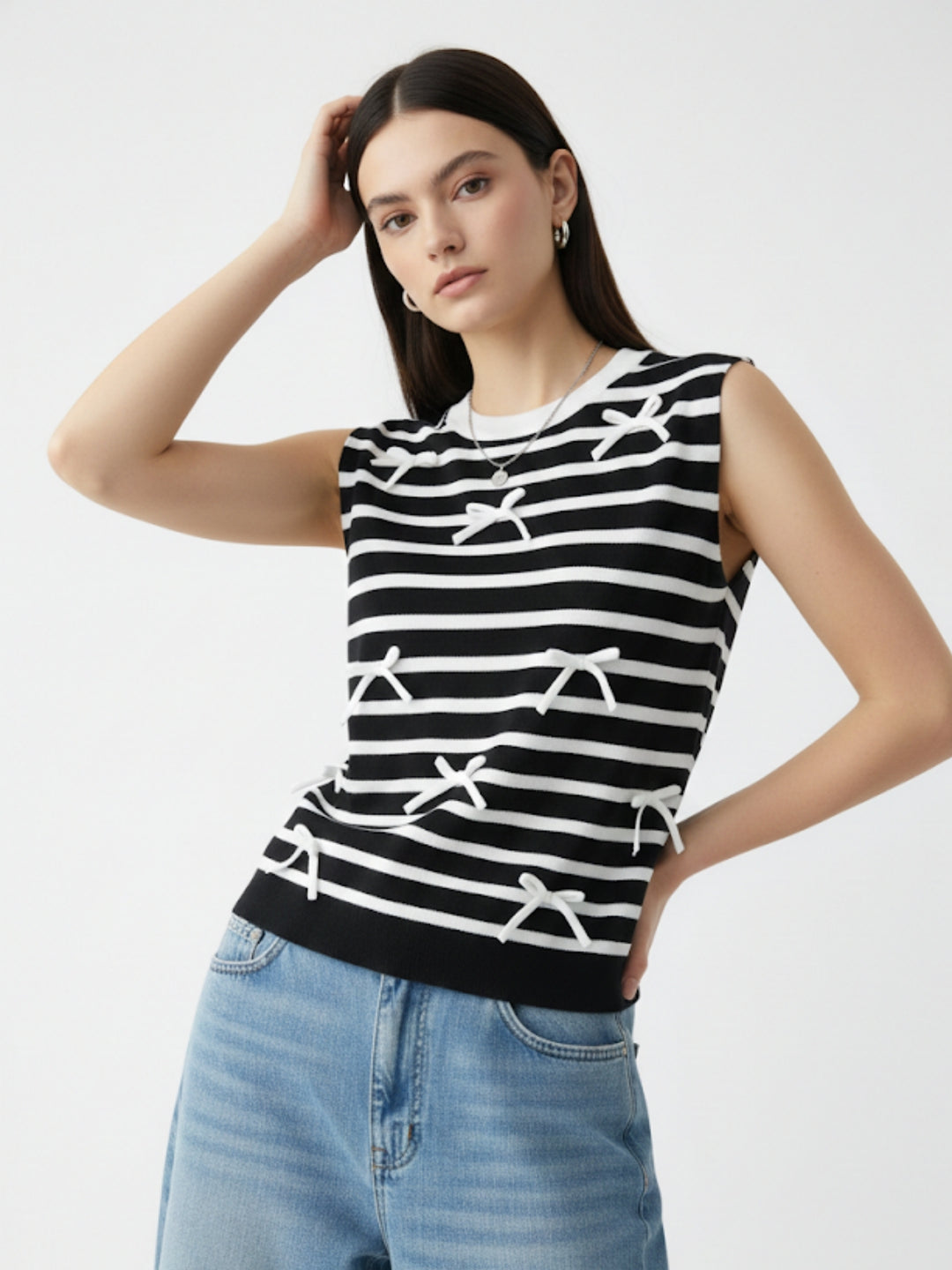 Black Sleeveless Striped Bow Detail Rop