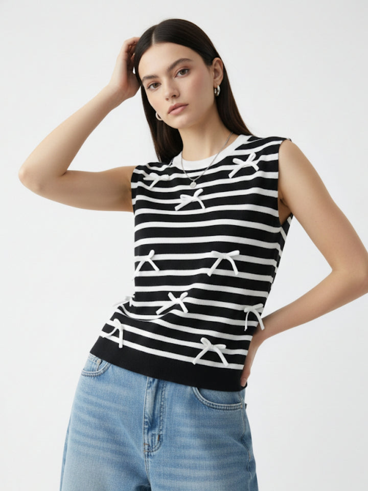 Black Sleeveless Striped Bow Detail Rop