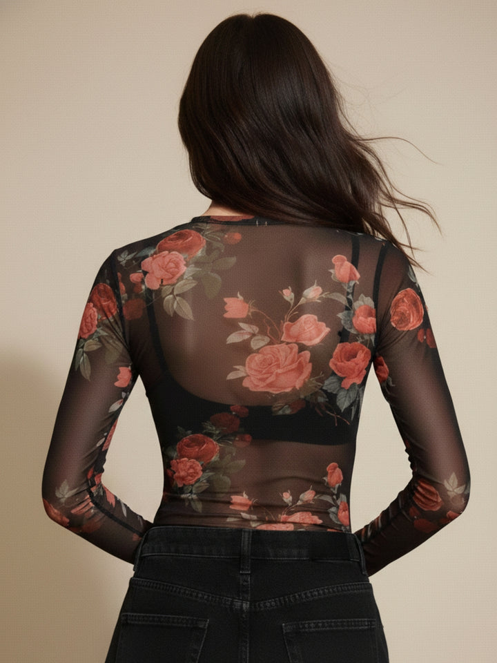 Black Sheer Mesh Printed Top