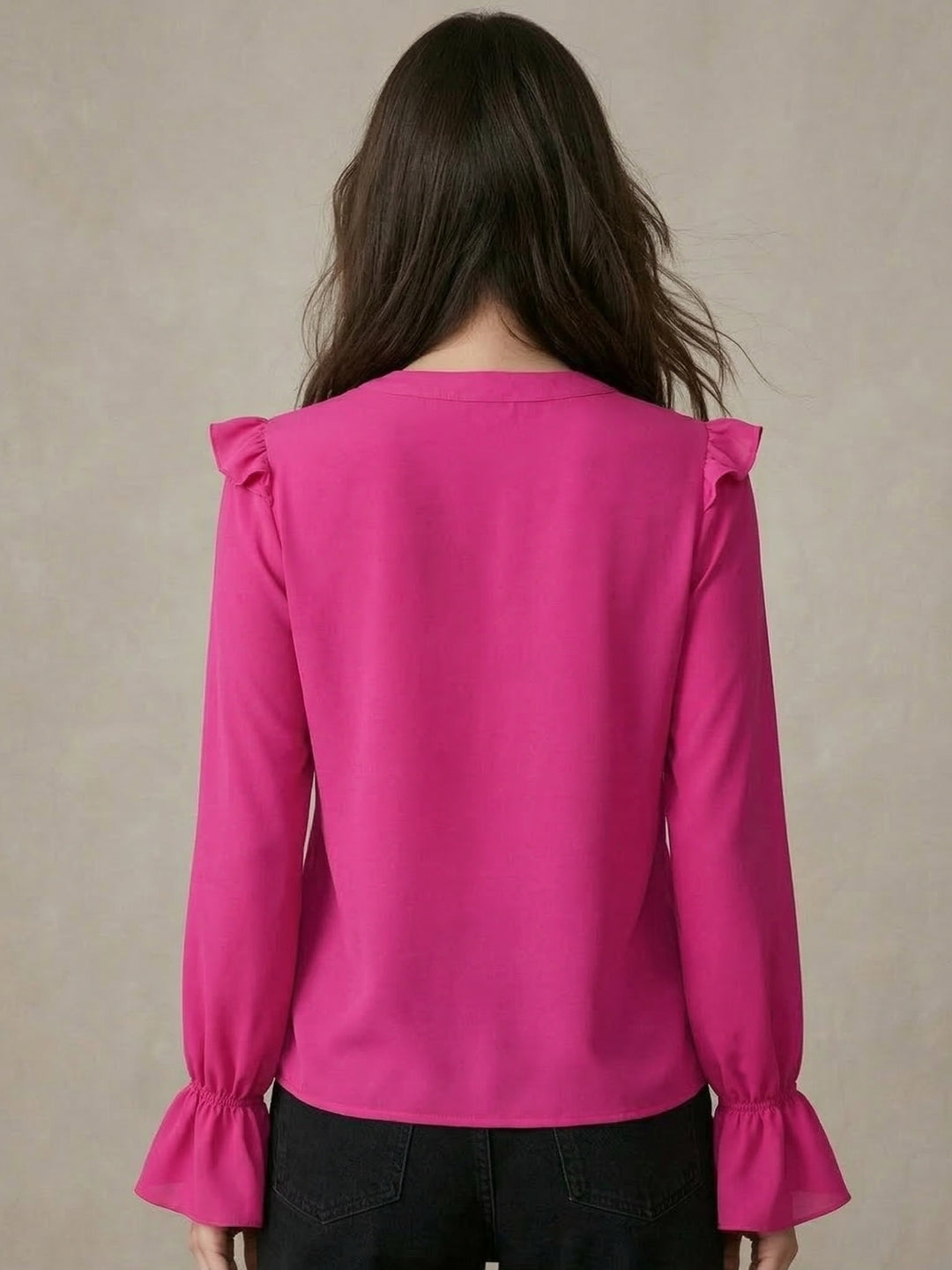 Pink Ruffle Detail Bishop Sleeve Top