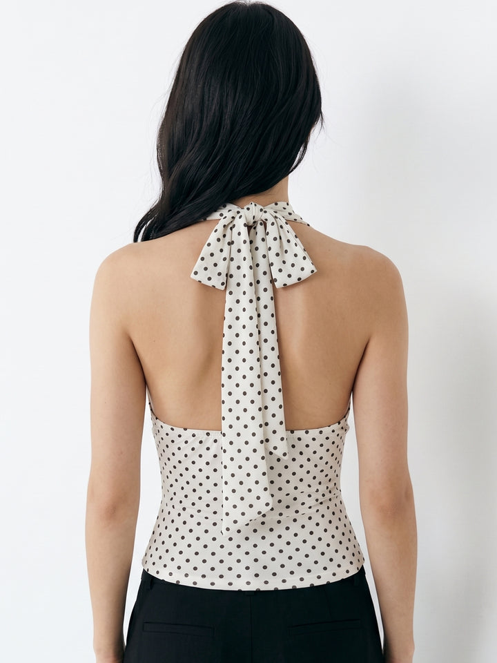 Off White Cross Halter Neck Polka Top
