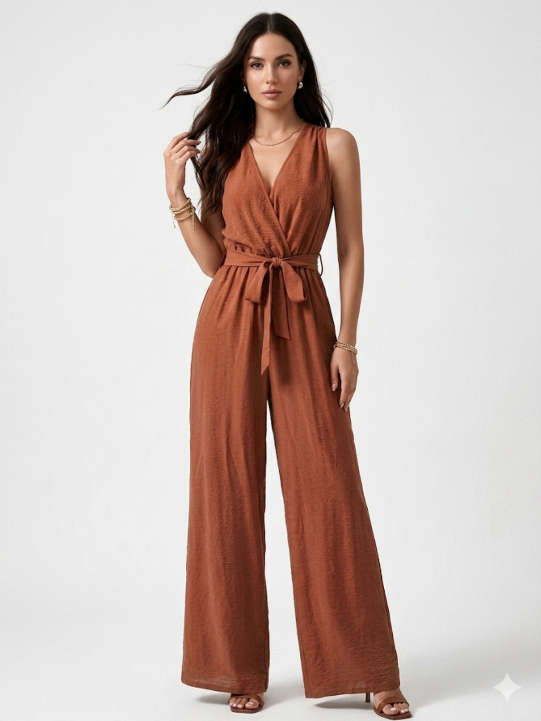 Rust Sleeveless Jumpsuit With Tie Up