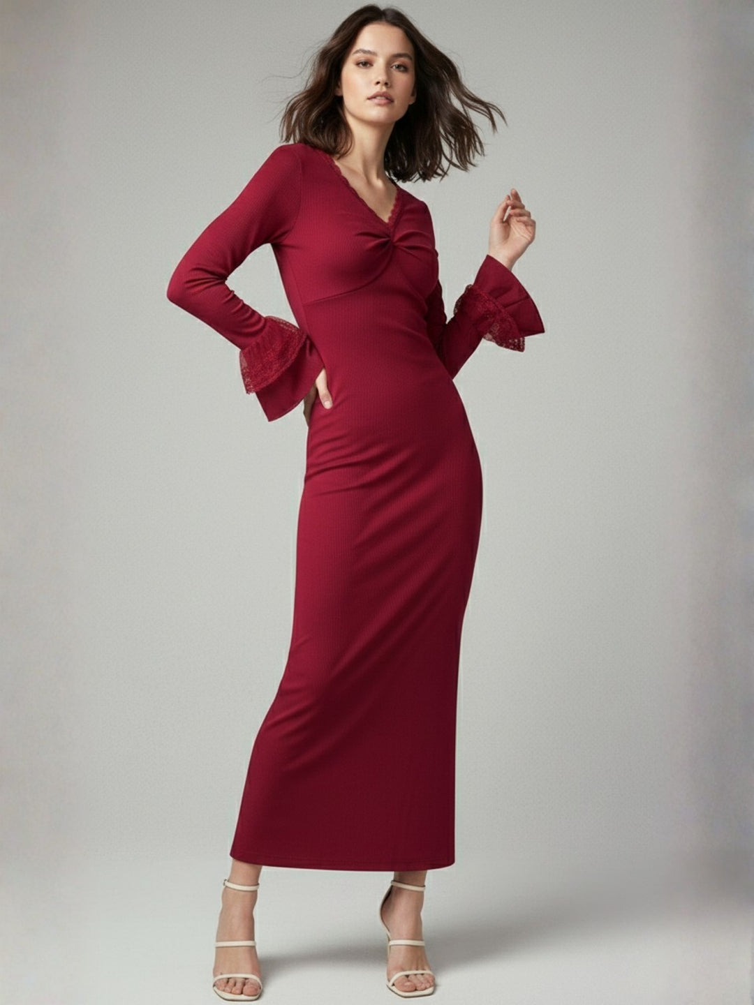 Red Mermaid Fitted Dress With Bell Sleeves