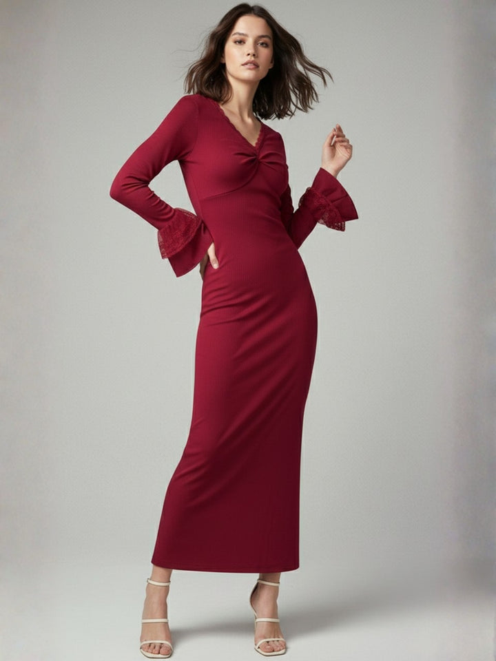 Red Mermaid Fitted Dress With Bell Sleeves