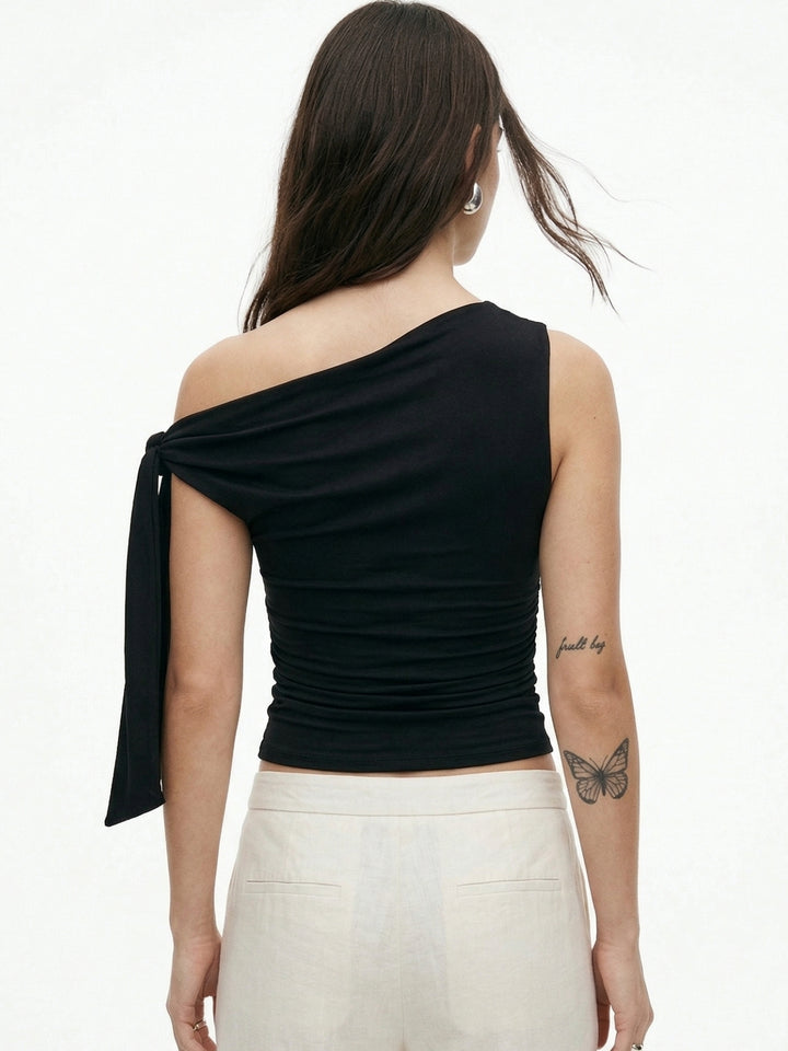 Black One Shoulder Tie-Up Top