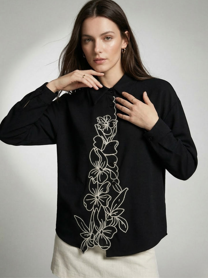 Black Flower Appliqued Front Buttoned Shirt