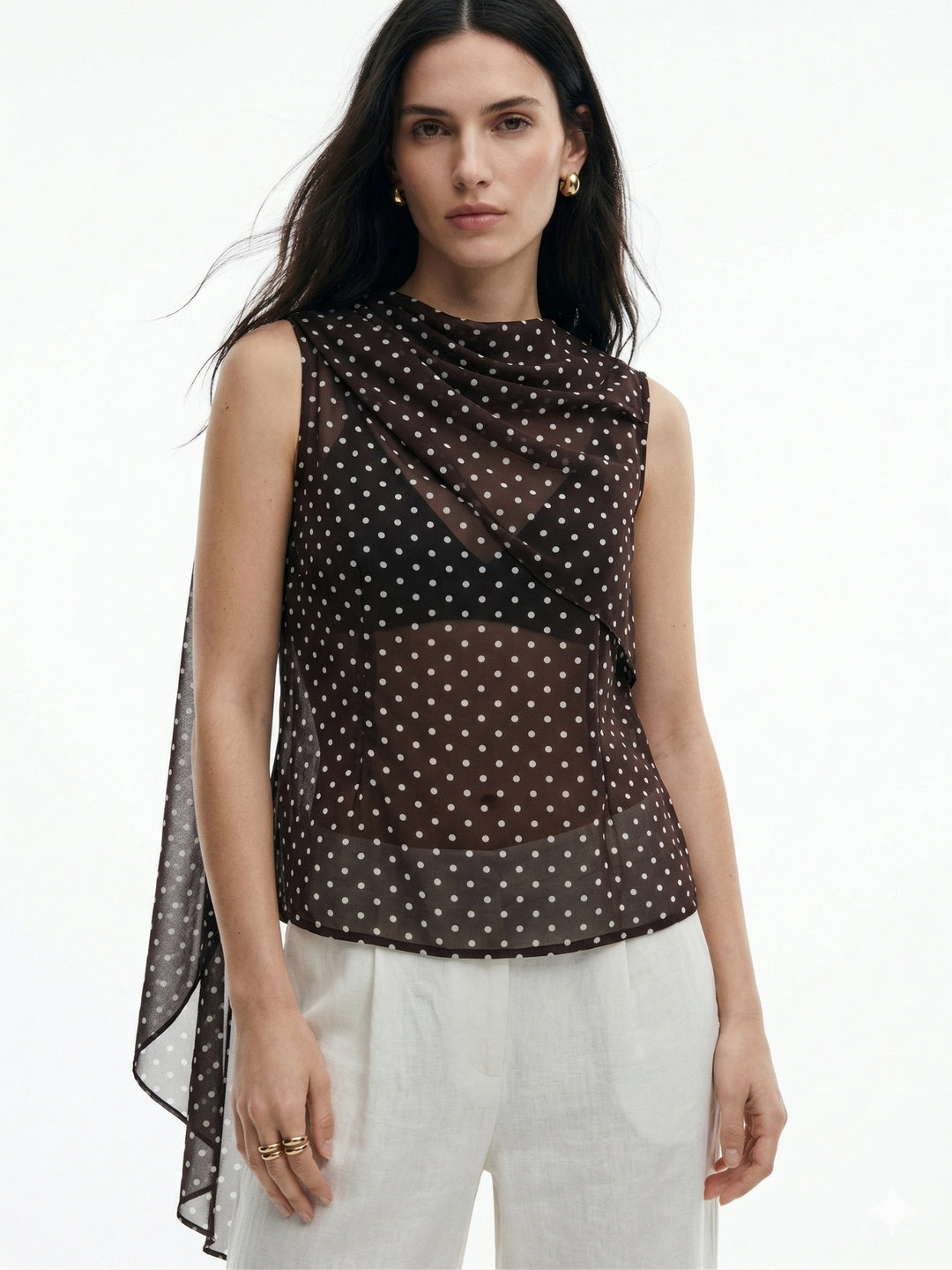 Black Neck Wrap Polka Printed Top
