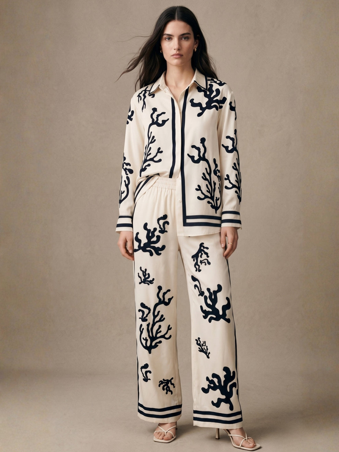 White Printed Shirt And Pant Set