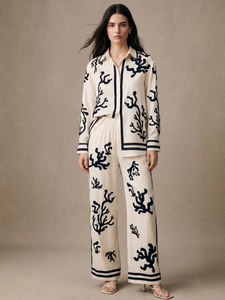 White Printed Shirt And Pant Set
