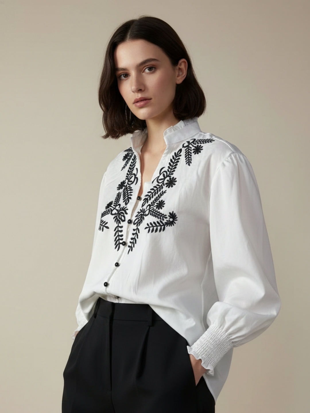 White Plunge Neck Floral Printed Blousson