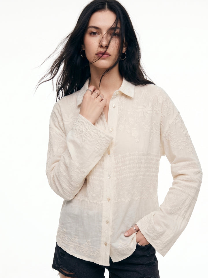 Off White Full Sleeve Scallop Hem Collared Semi Sheer Embroidered Shirts