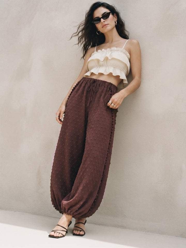 Brown Textured Side Slit Balloon Pant