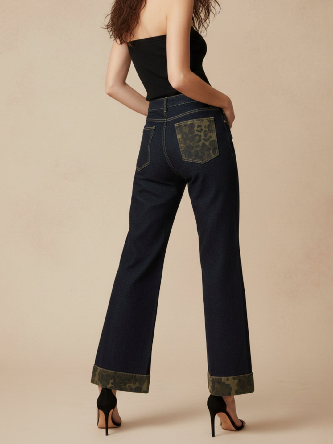 Black Folded Animal Printed Hem Jeans